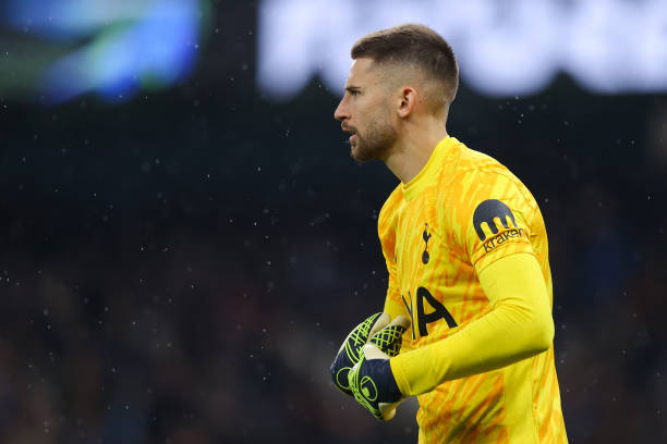 Tottenham goalkeeper Guglielmo Vicario in action for Tottenham