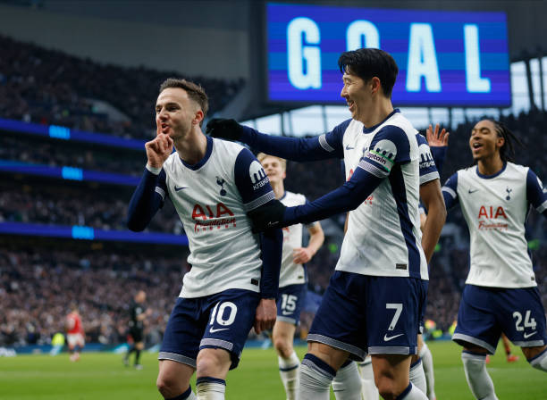 James Maddison and Son celebrating against Man United