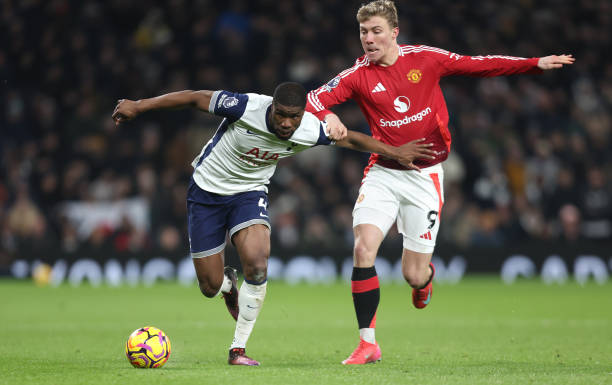 Kevin Danso getting the better of Rasmus Hojlund during Tottenham's win over Man United