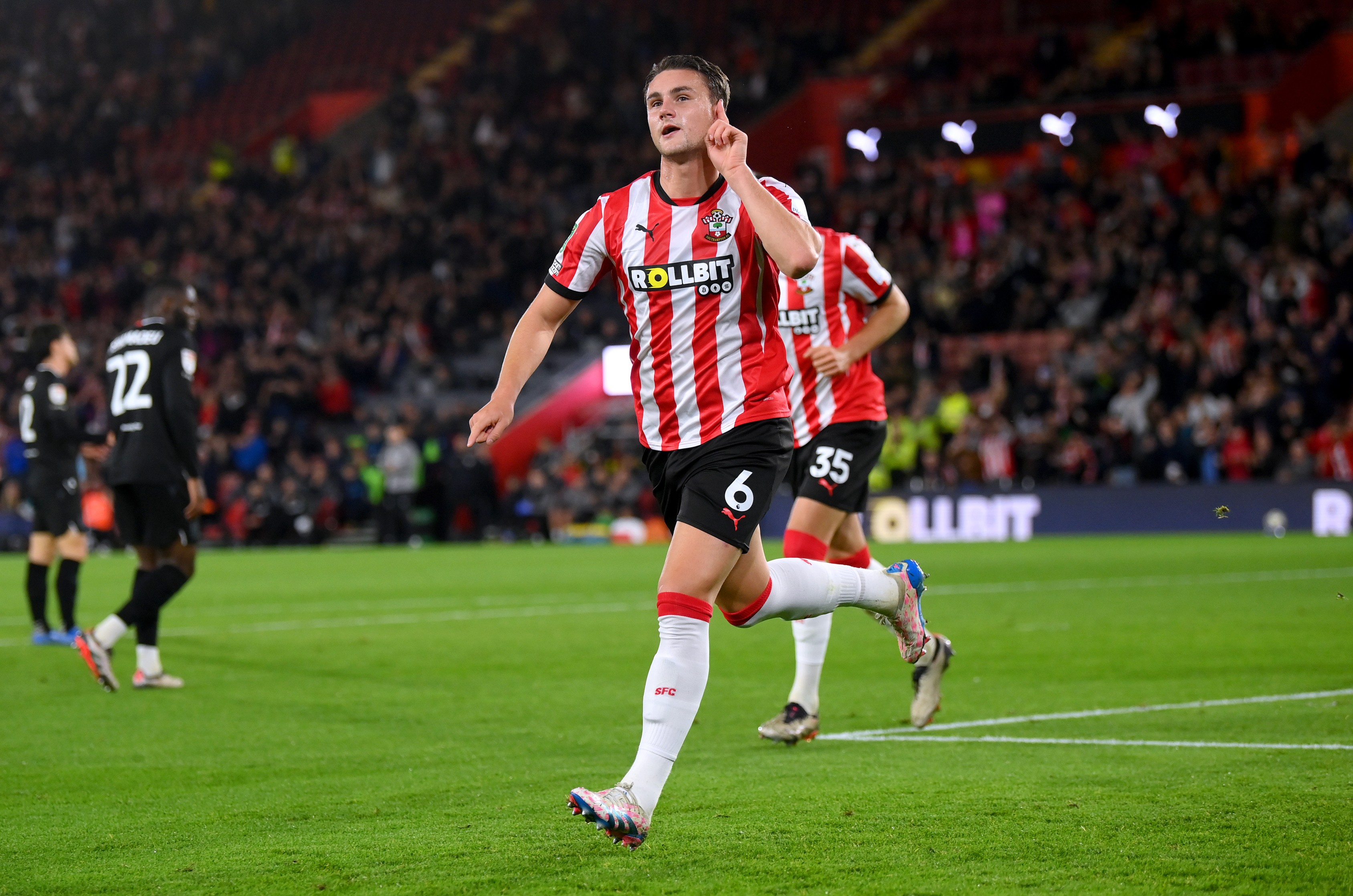 Taylor Harwood-Bellis of Southampton celebrates scoring a goal