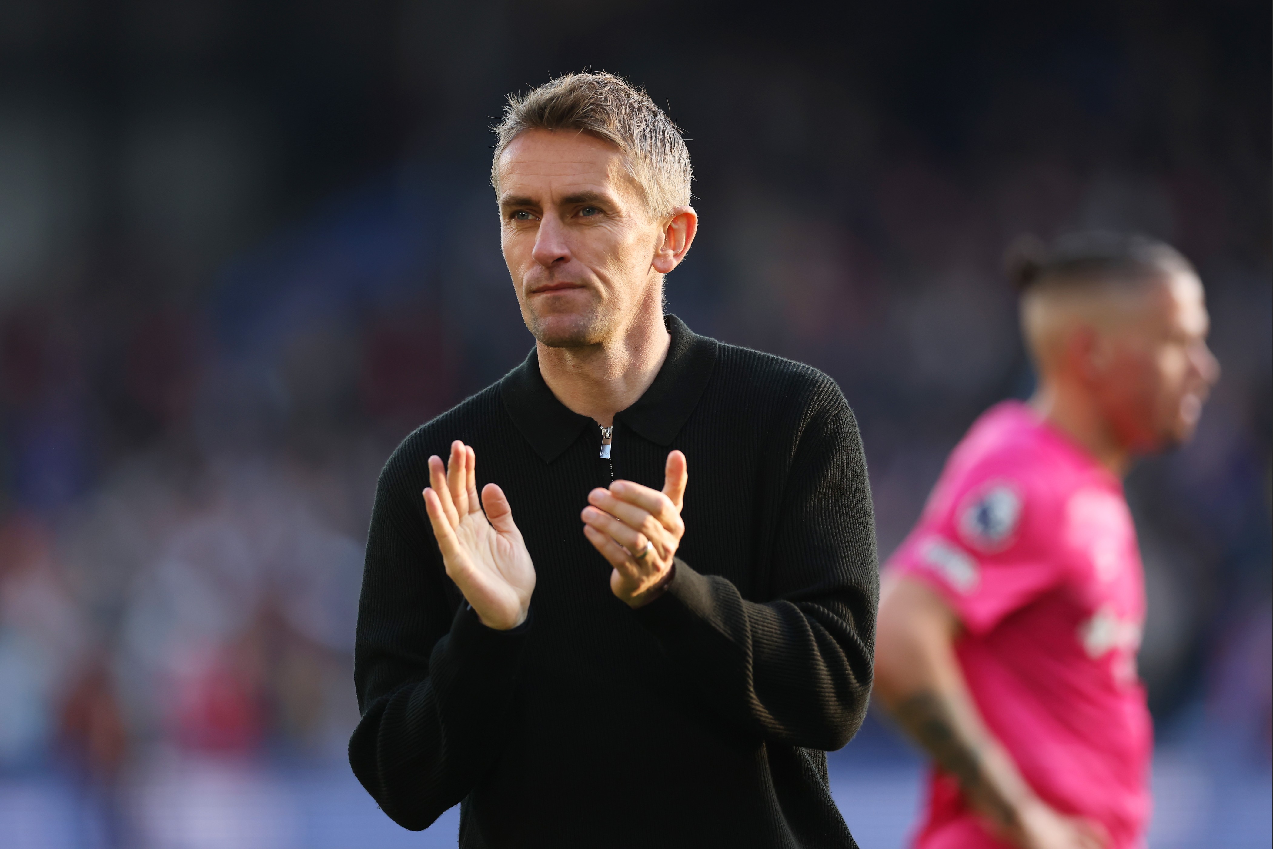 Kieran McKenna, Manager of Ipswich Town, acknowledges the fans