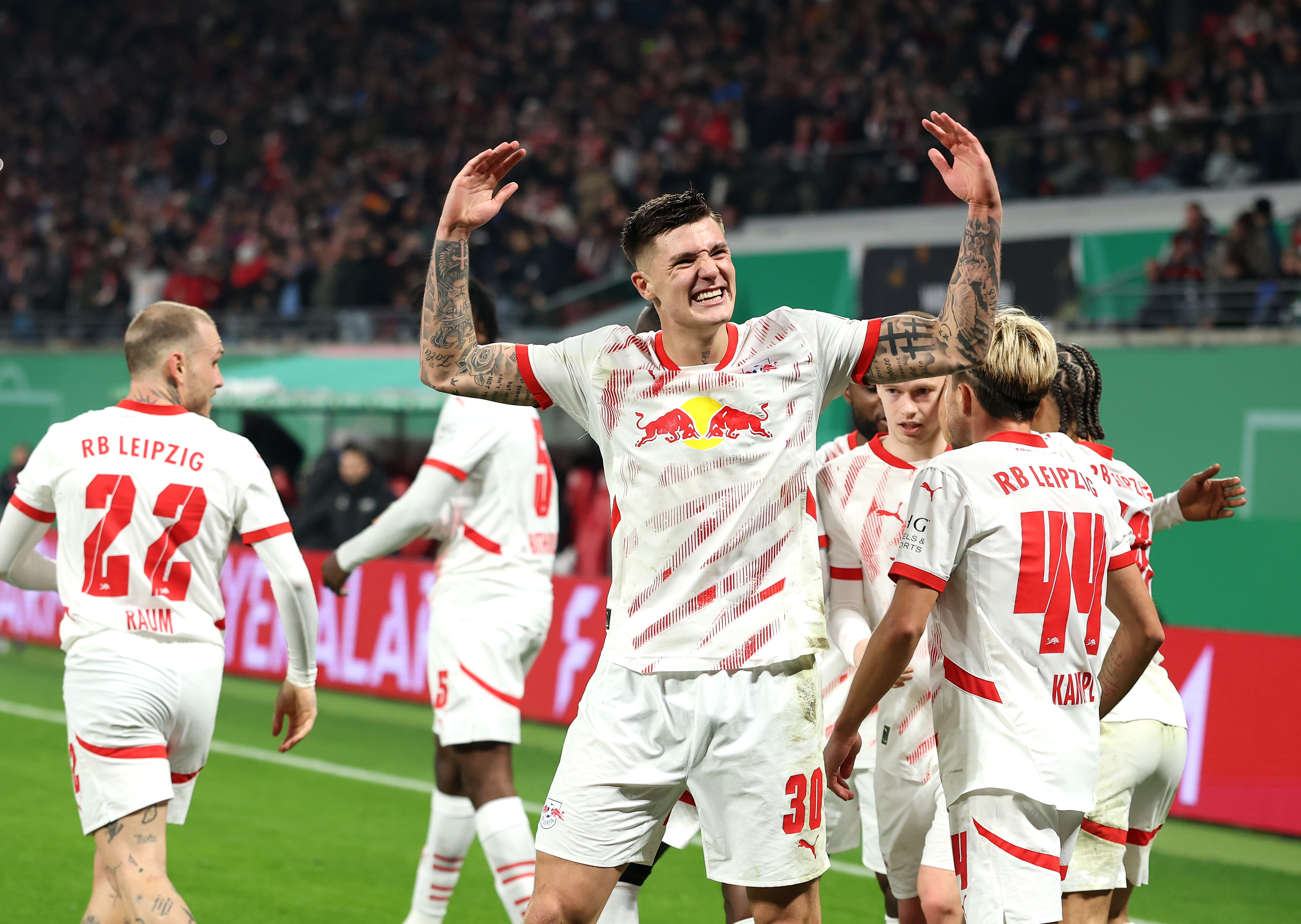 Benjamin Sesko celebrates a goal for RB Leipzig