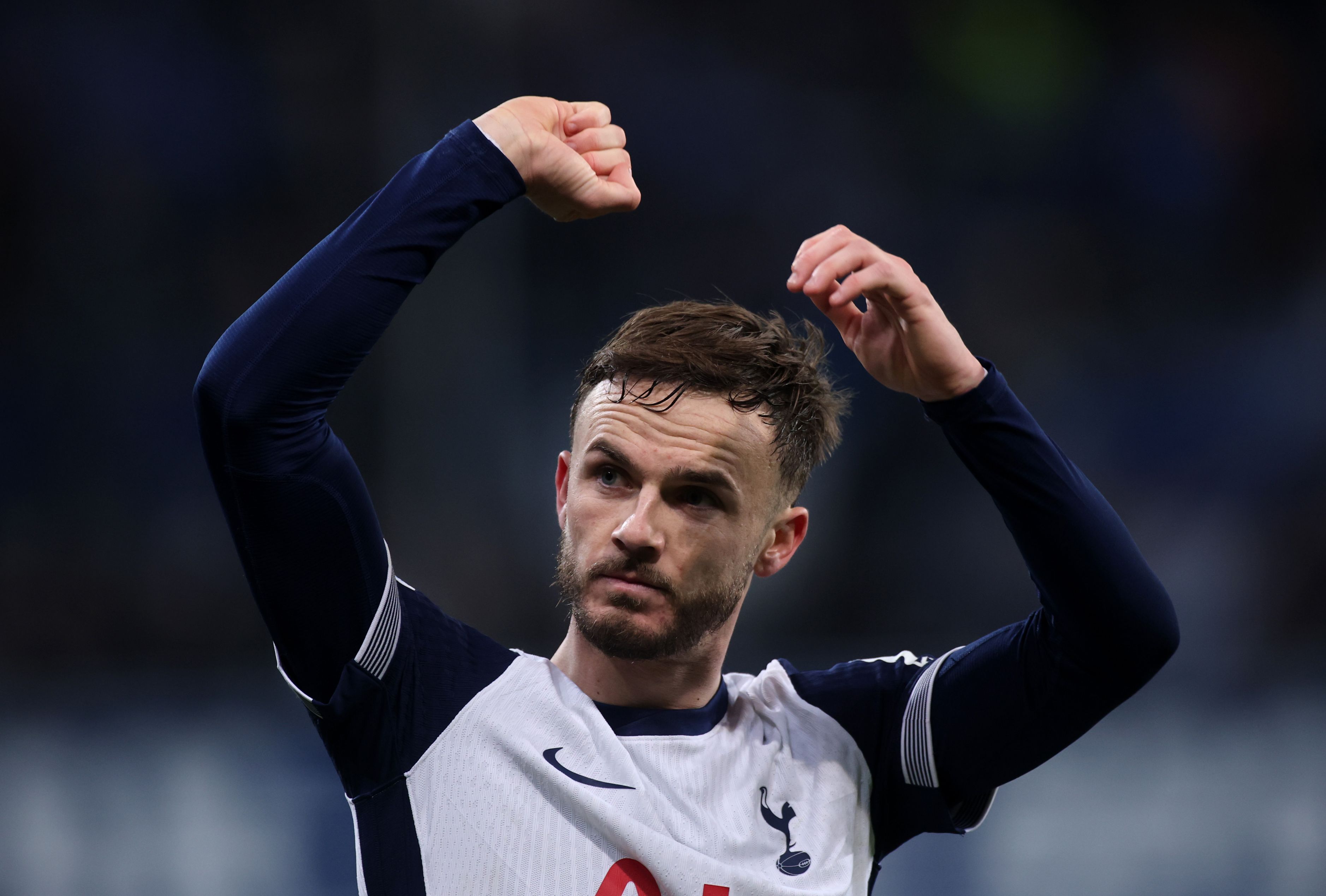 James Maddison of Tottenham Hotspur gestures to the fans