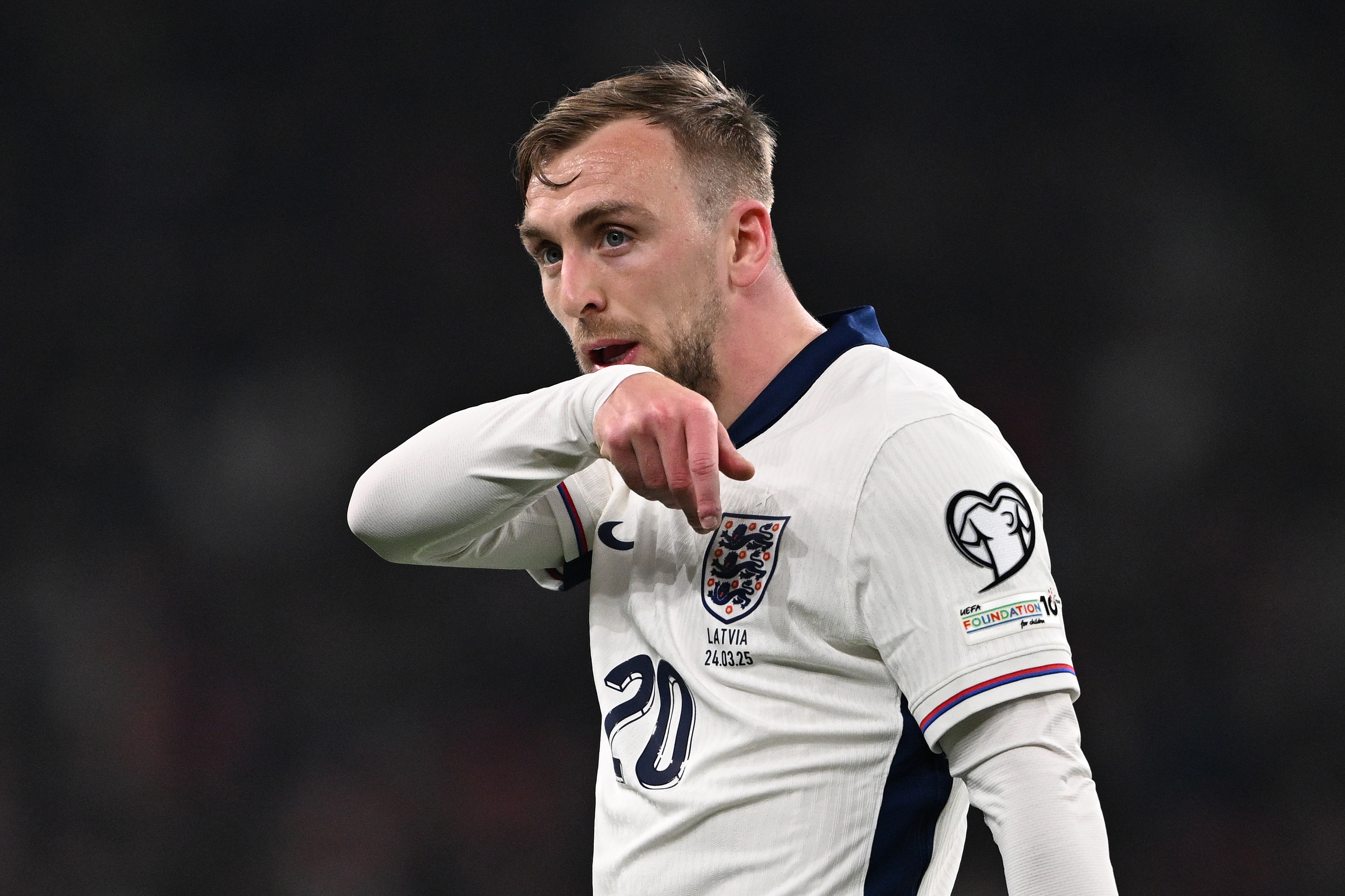 Jarrod Bowen looks on for England