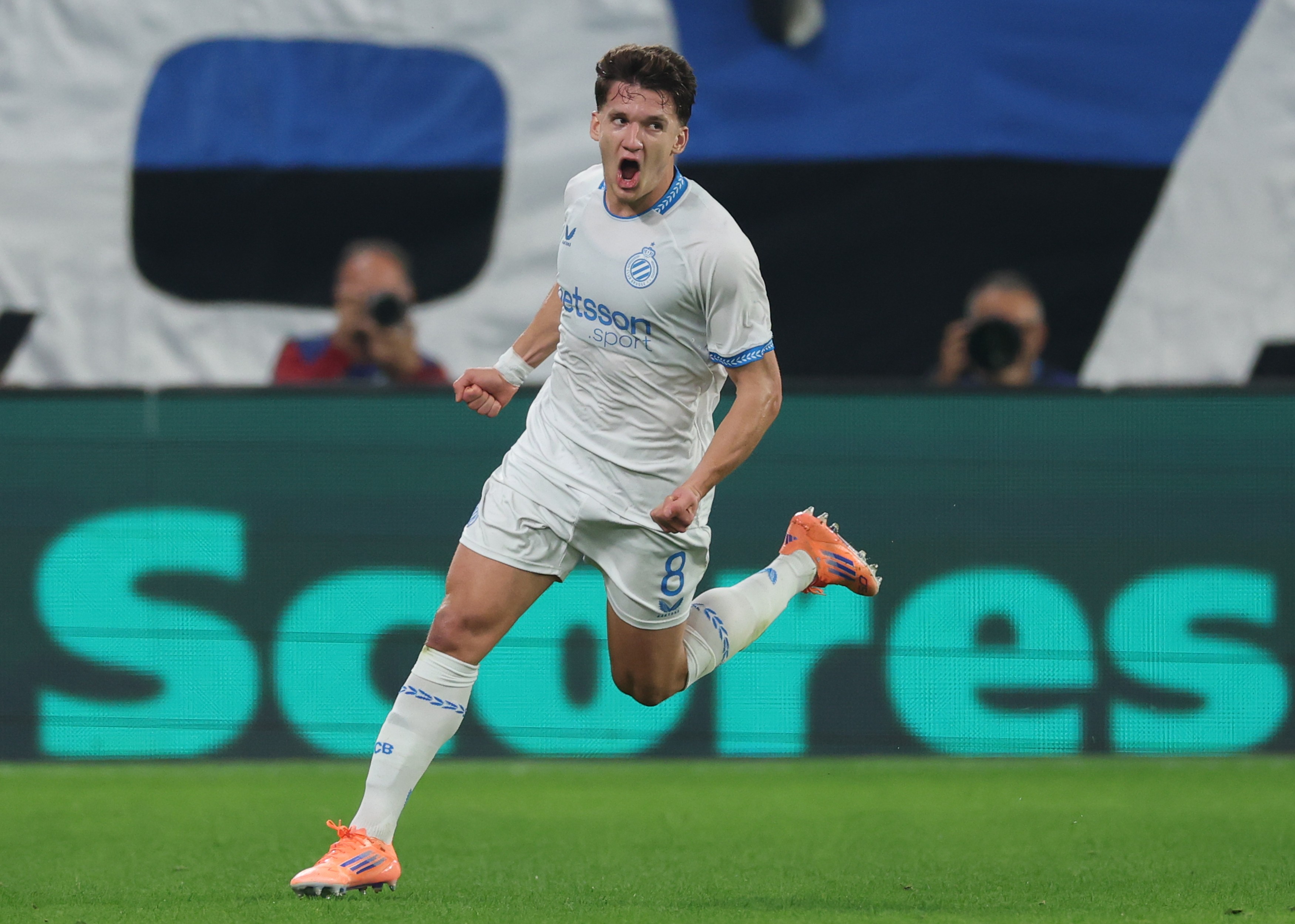 Christos Tzolis of Club Brugge celebrates scoring