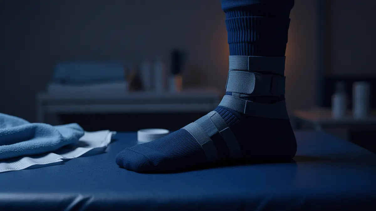 Footballer's ankle with ice pack in stadium medical room after injury concern