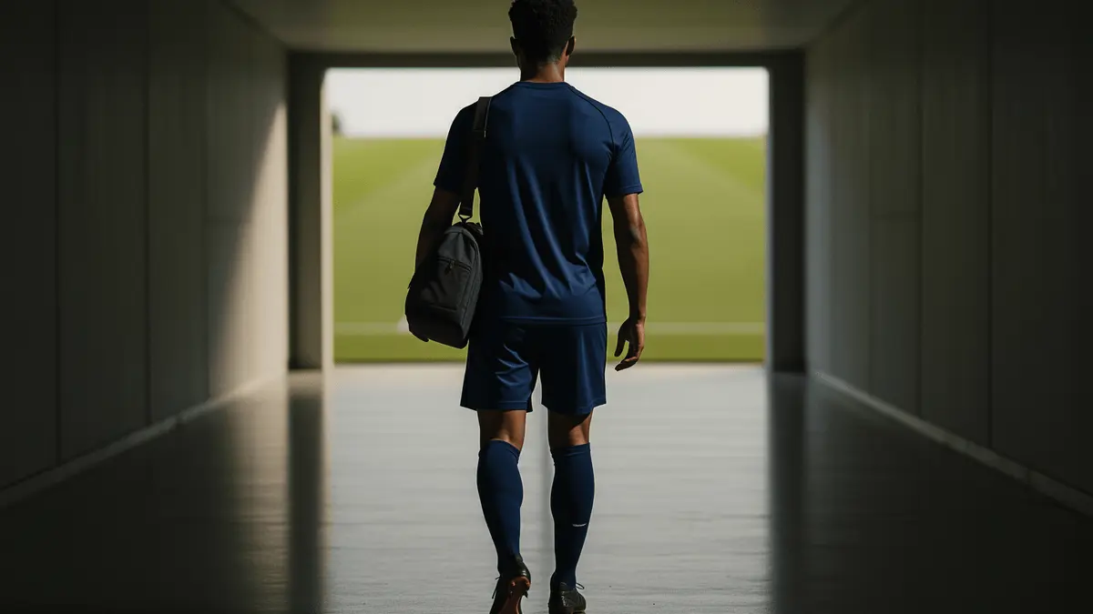 Young footballer walking through empty stadium tunnel toward pitch, contemplating future transfer decision