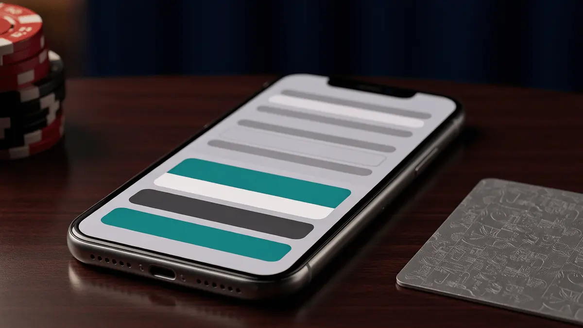 iPhone showing Apple Pay casino interface with chips and debit card on dark wooden table