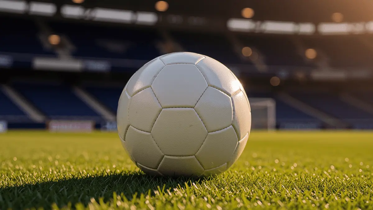 White football on green Premier League stadium pitch at golden hour with navy bokeh background