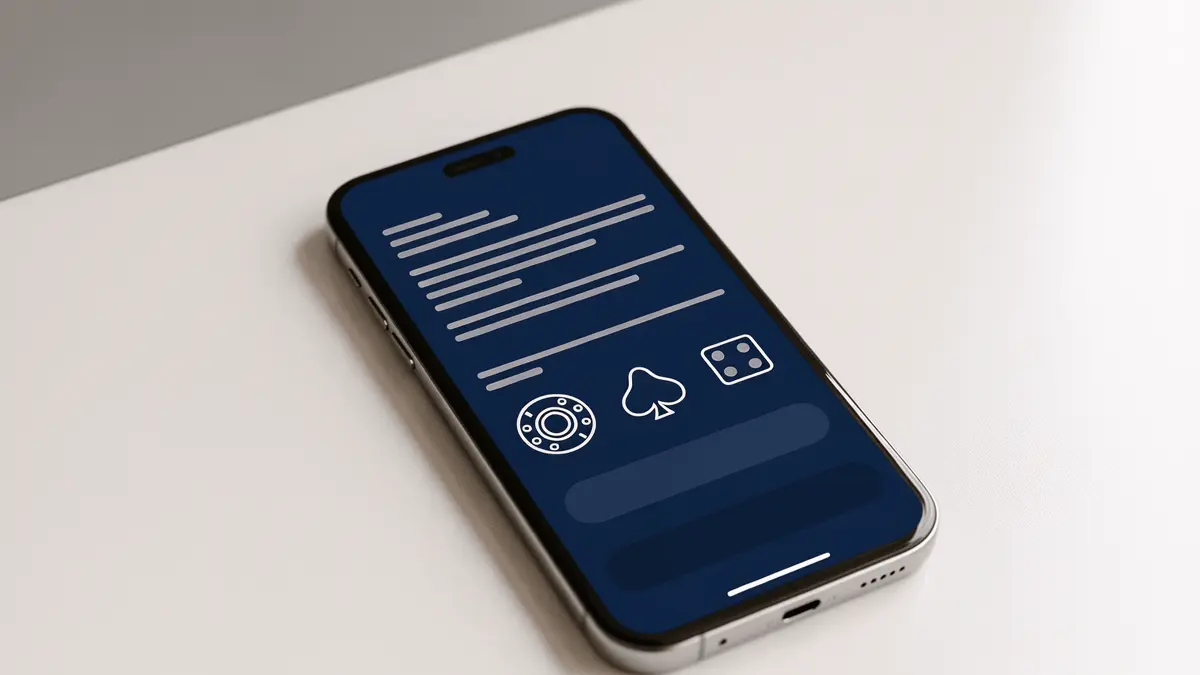 Smartphone displaying wireframe casino app interface with placeholder UI elements in landscape orientation