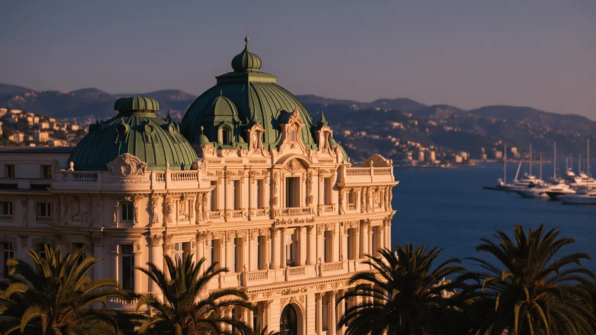 Monte-Carlo Casino building and Mediterranean harbor at golden hour in Monaco