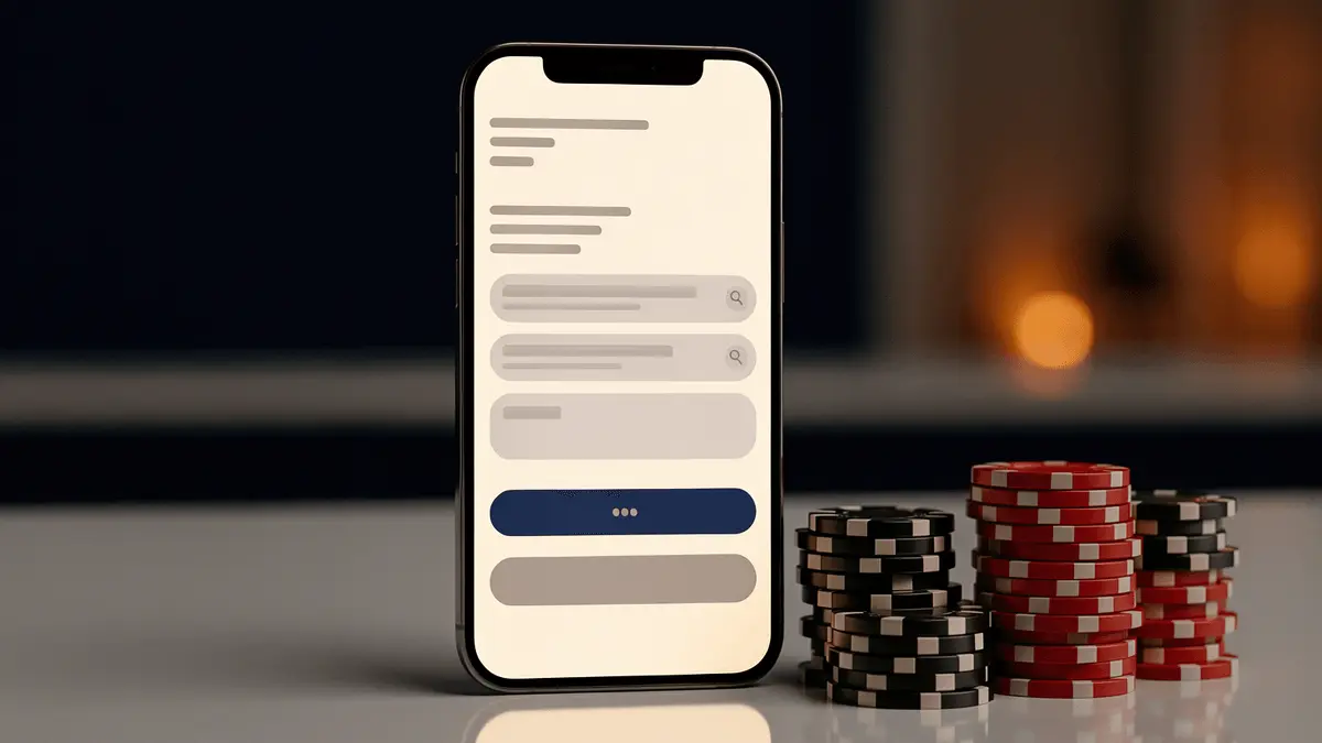 Mobile phone showing Google Pay app with casino chips on modern desk in navy and white tones