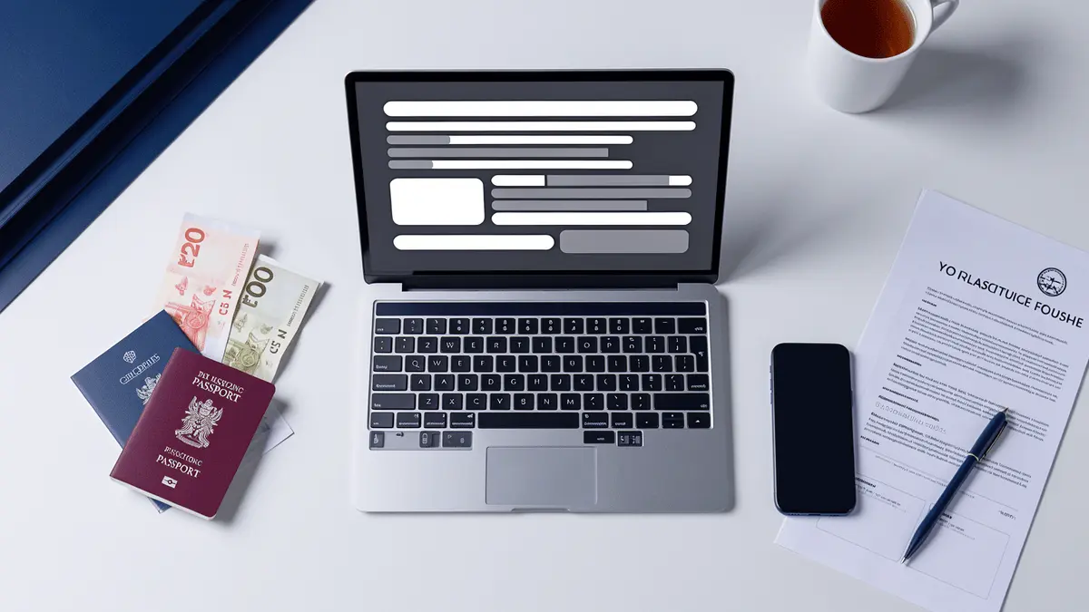UK player researching international casinos with laptop, passport, and British currency on desk