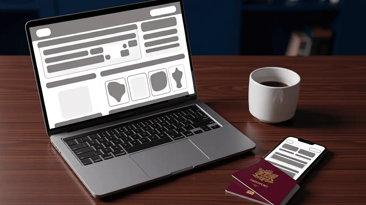 Laptop showing online casino interface with UK passport on desk