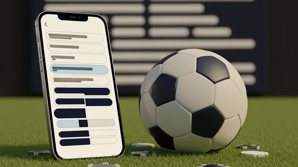 Football on pitch with smartphone showing betting app wireframe and casino chips in Spurs navy and white colors