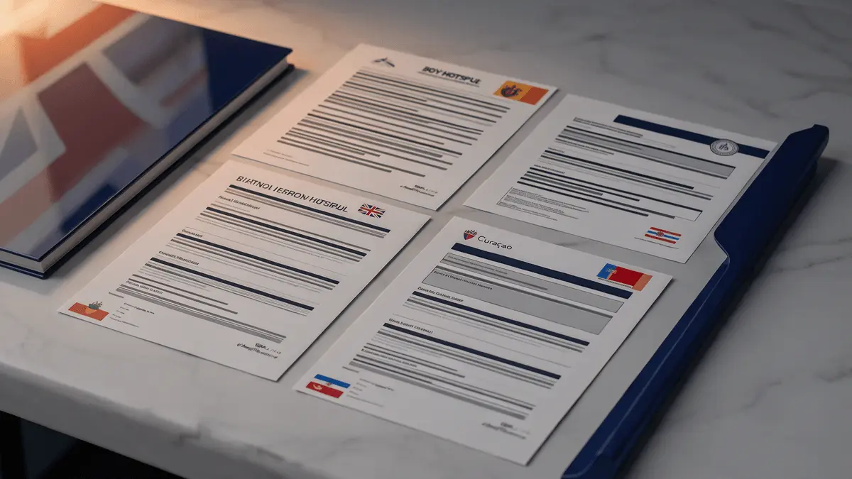 International casino licensing documents and certificates arranged on editorial desk for UK players