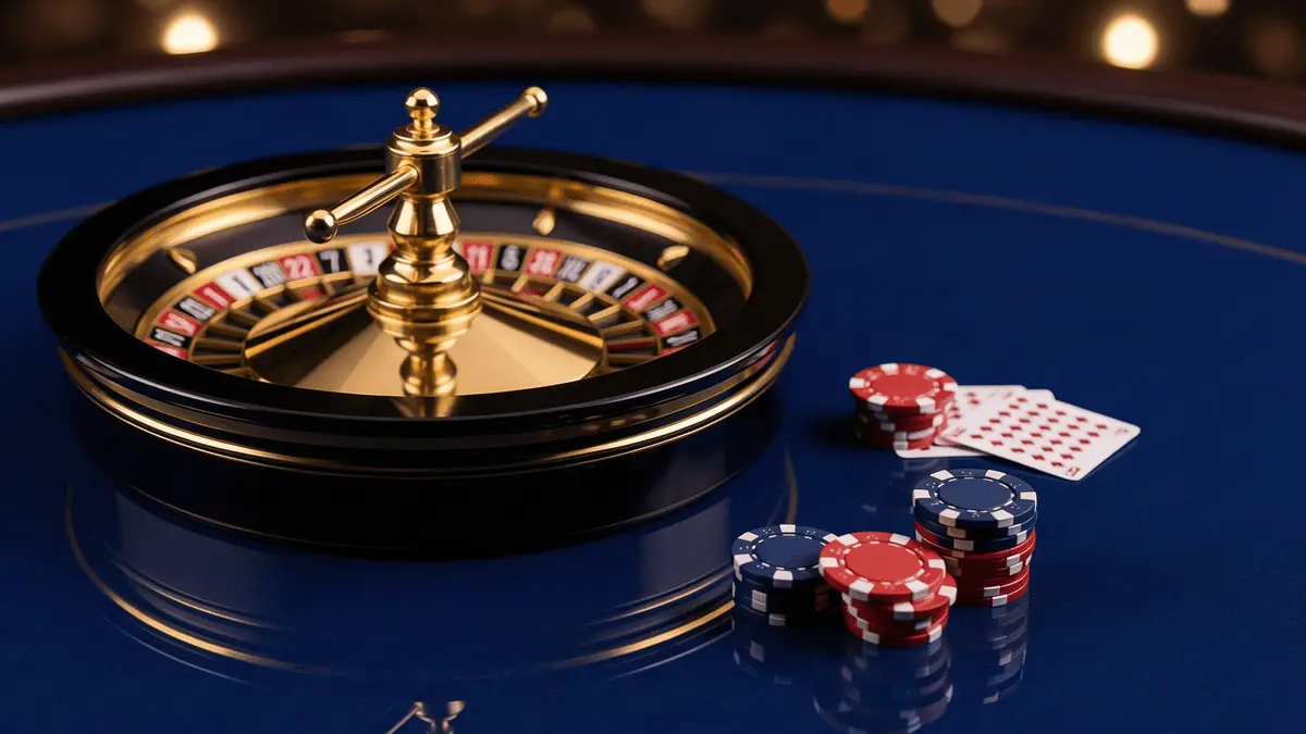 Premium casino table with gold roulette wheel, stacked casino chips and face-down cards in navy and gold