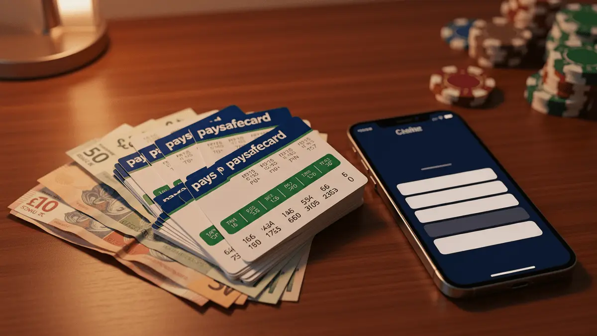 Paysafecard vouchers with UK banknotes and smartphone showing casino deposit interface