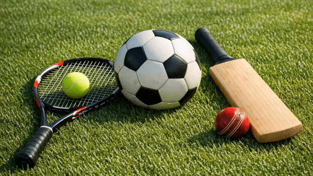 soccer ball, tennis racket, cricket bat on grass