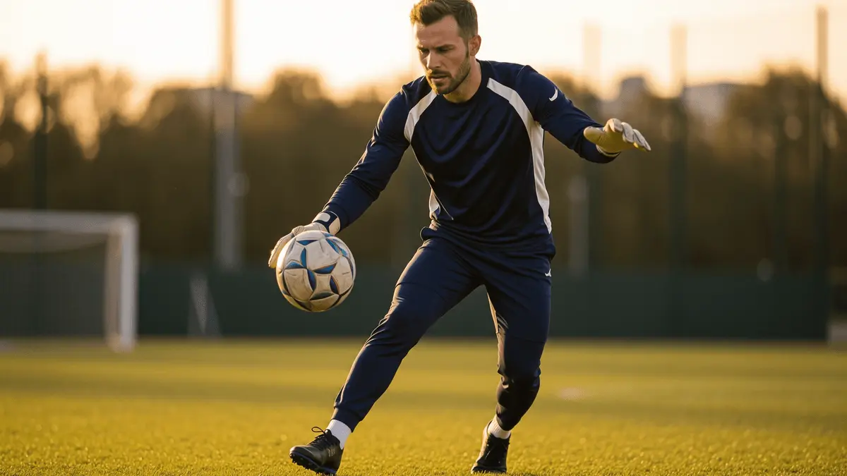 Goalkeeper making sweeping save in navy and white kit during training