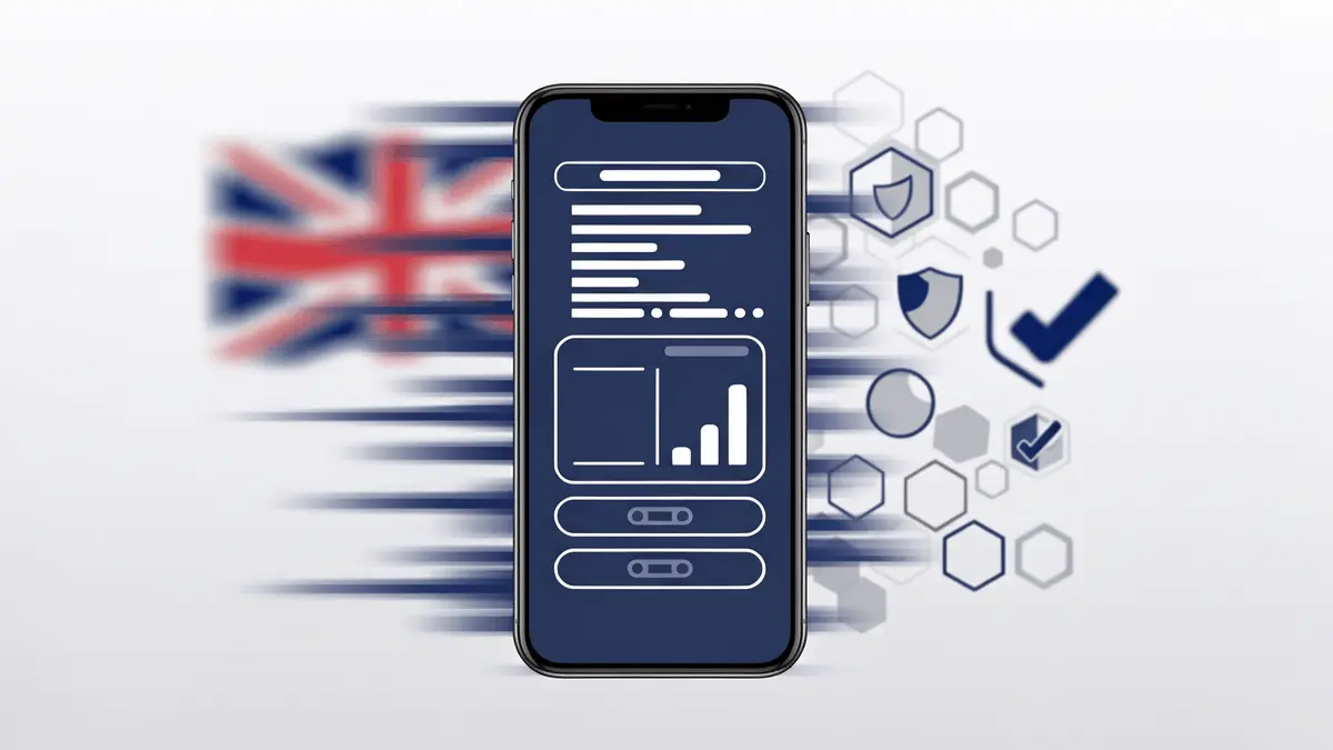 Smartphone showing fast UK bank transfer interface with speed indicators and Union Jack accent
