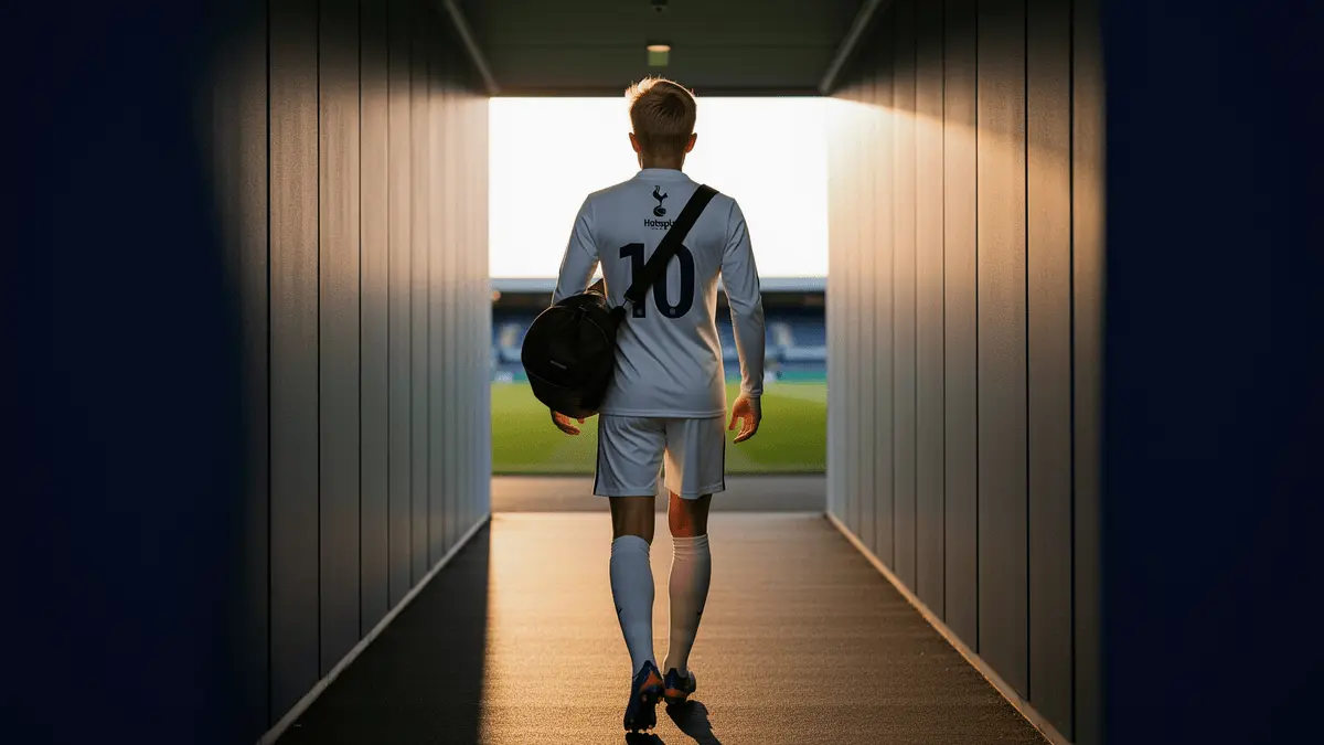 Young footballer walking through stadium tunnel symbolizing transfer departure from Tottenham Hotspur