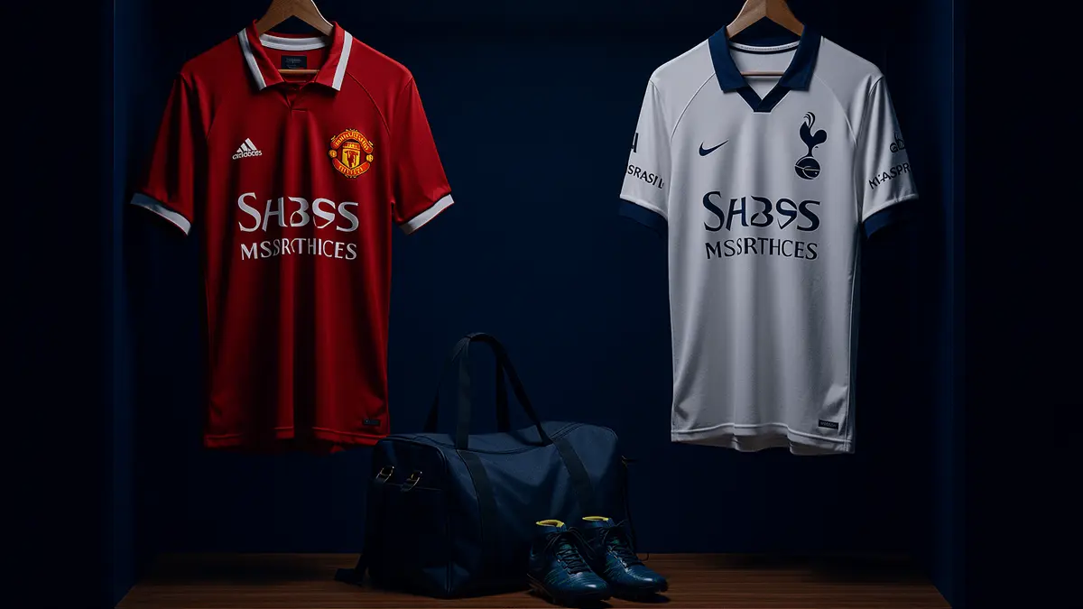 Two rival football jerseys in locker room symbolizing transfer race between Manchester United and Tottenham