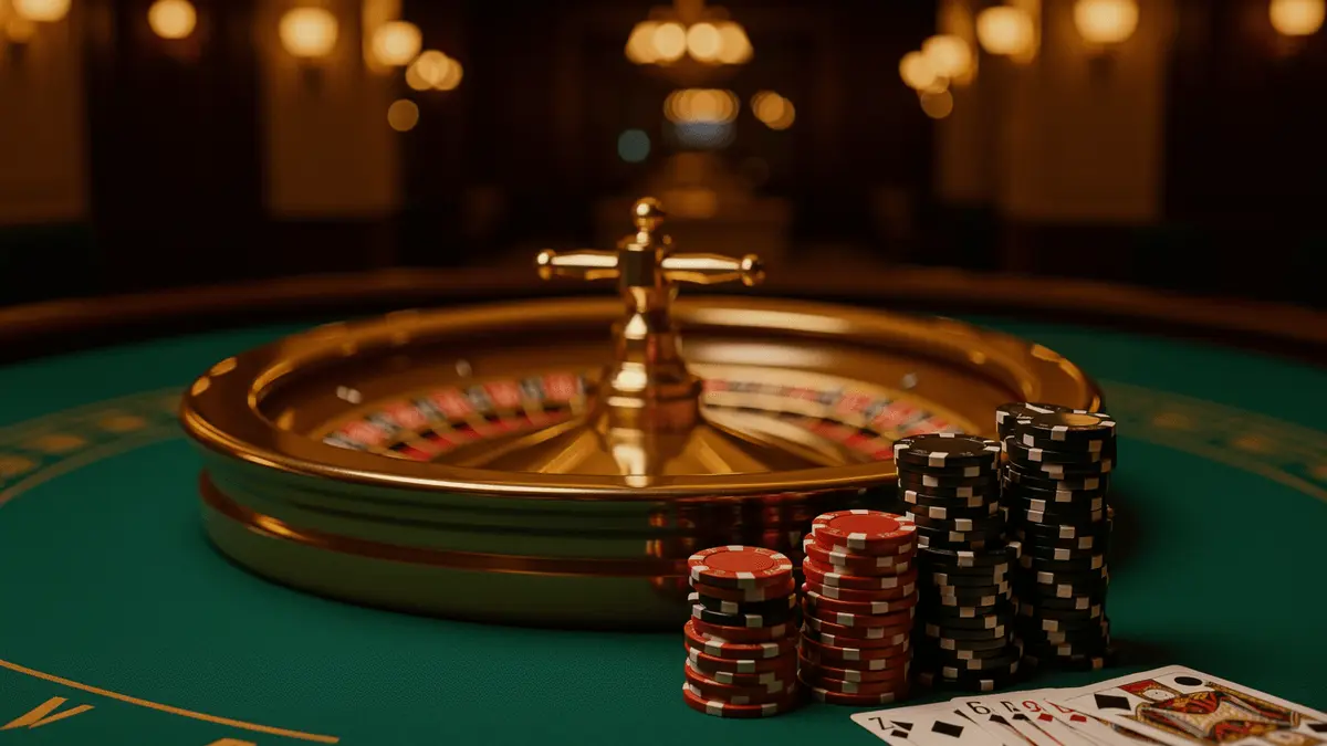 Luxury casino scene with roulette wheel and stacked chips on green felt table for UK casino guide