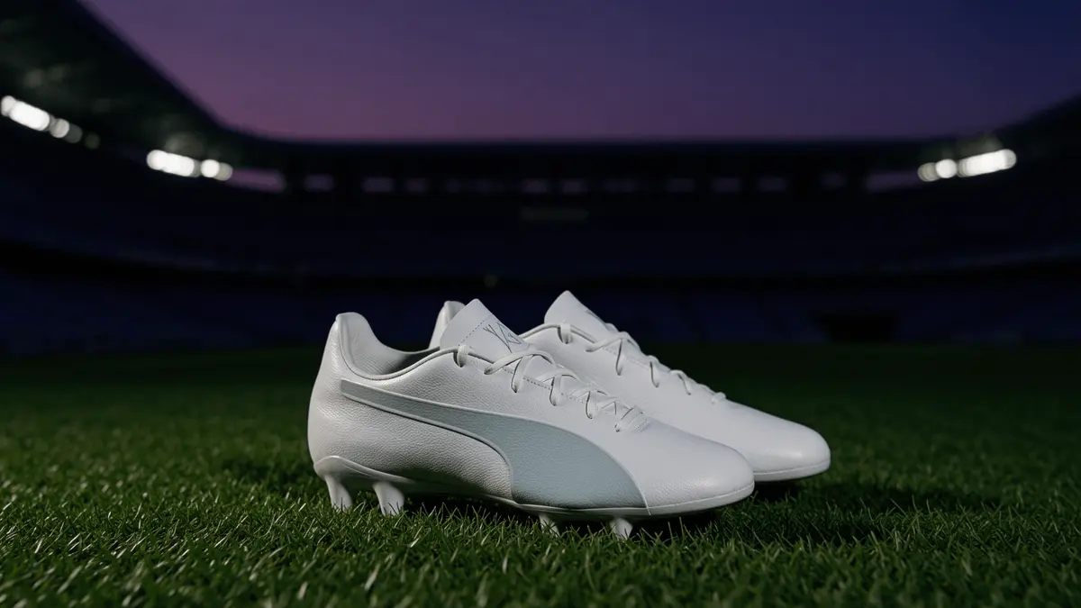 Football boots on stadium pitch with navy blue atmospheric lighting at dusk