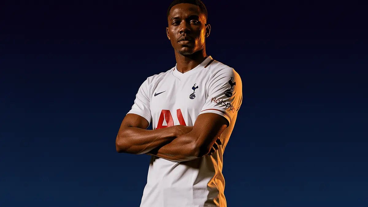 Pedro Porro in Tottenham kit against navy backdrop symbolizing long-term commitment to Spurs