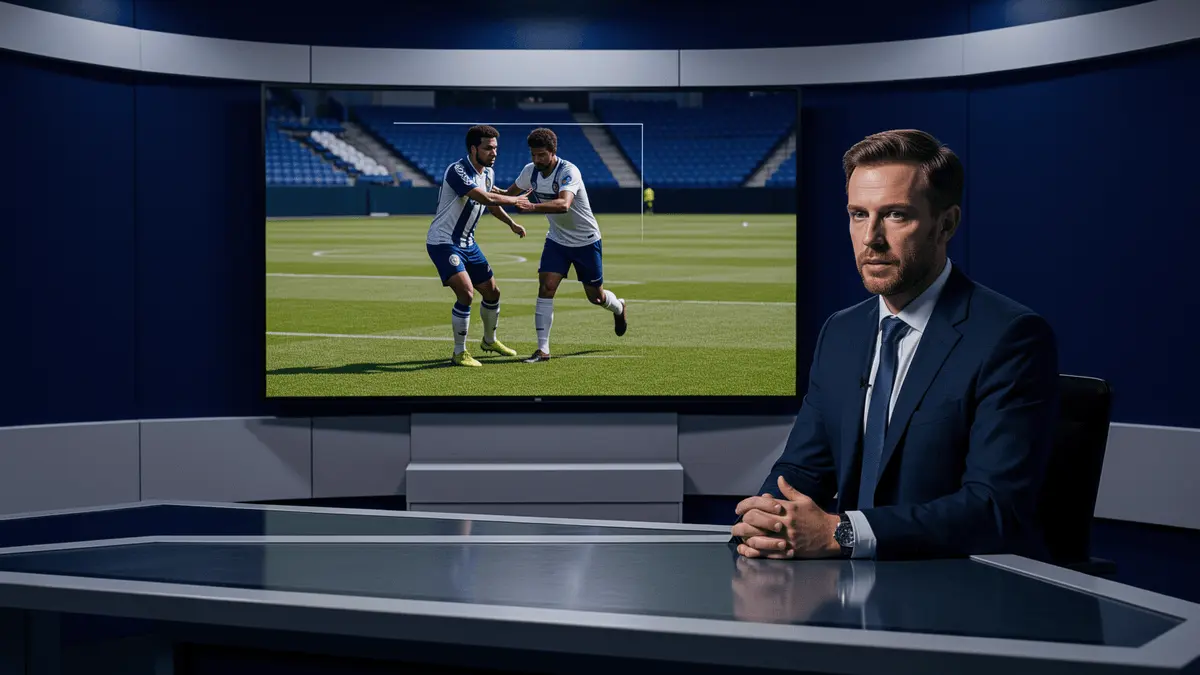 Television studio with tactical analysis screen showing defensive line positioning during World Cup broadcast