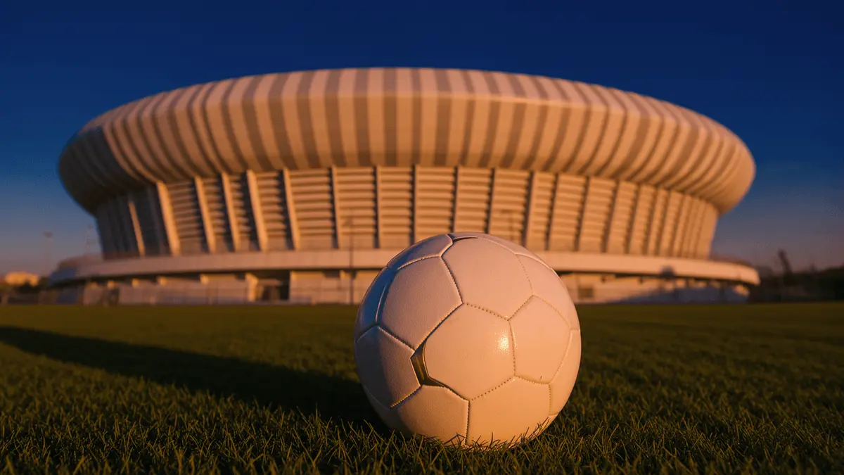 Turin's Allianz Stadium at golden hour with football in foreground, symbolizing Kolo Muani's return to Juventus