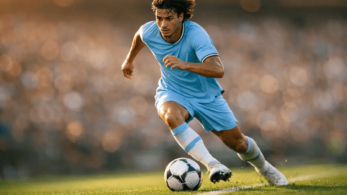 Brazilian winger Savinho sprinting with ball during Manchester City match in dynamic action shot