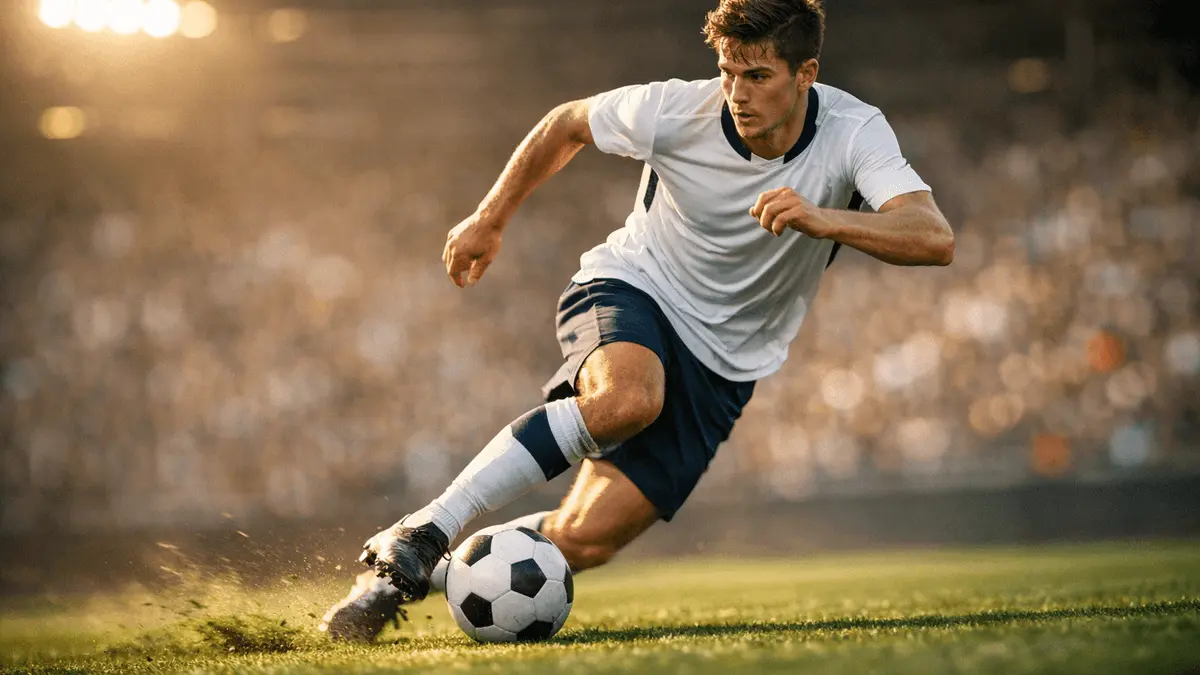 Dynamic action shot of young winger dribbling at speed in white football kit during match