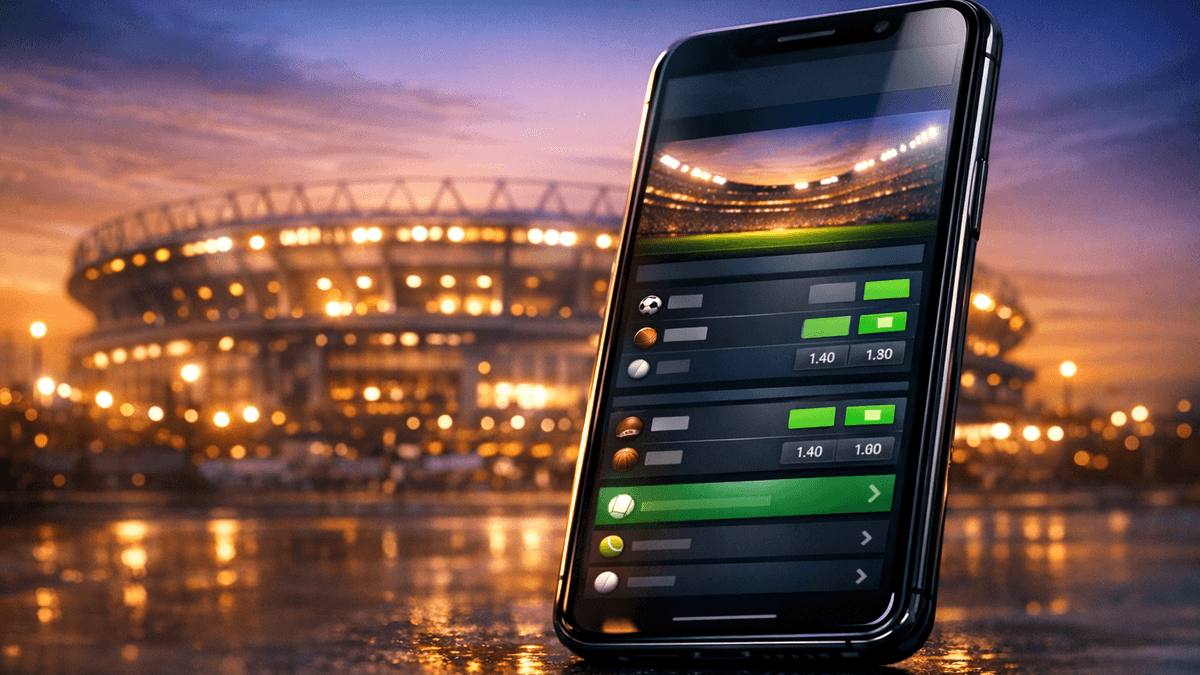 mobile sports betting on phone in front of sports stadium