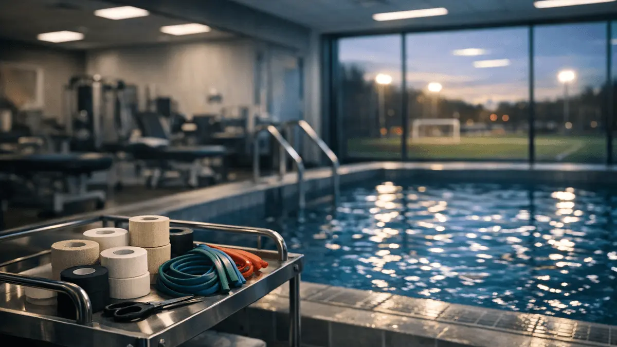 Empty sports medicine facility with hydrotherapy pool and rehabilitation equipment