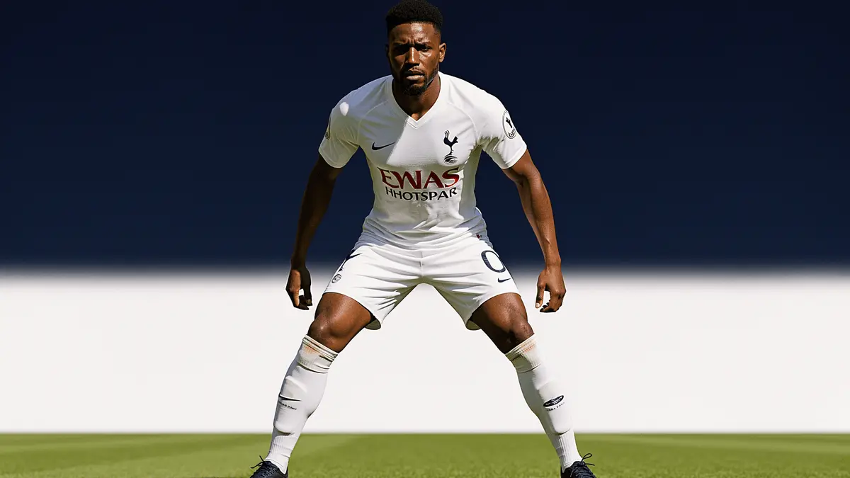 Jan Paul van Hecke in Tottenham kit on training pitch with navy blue gradient backdrop