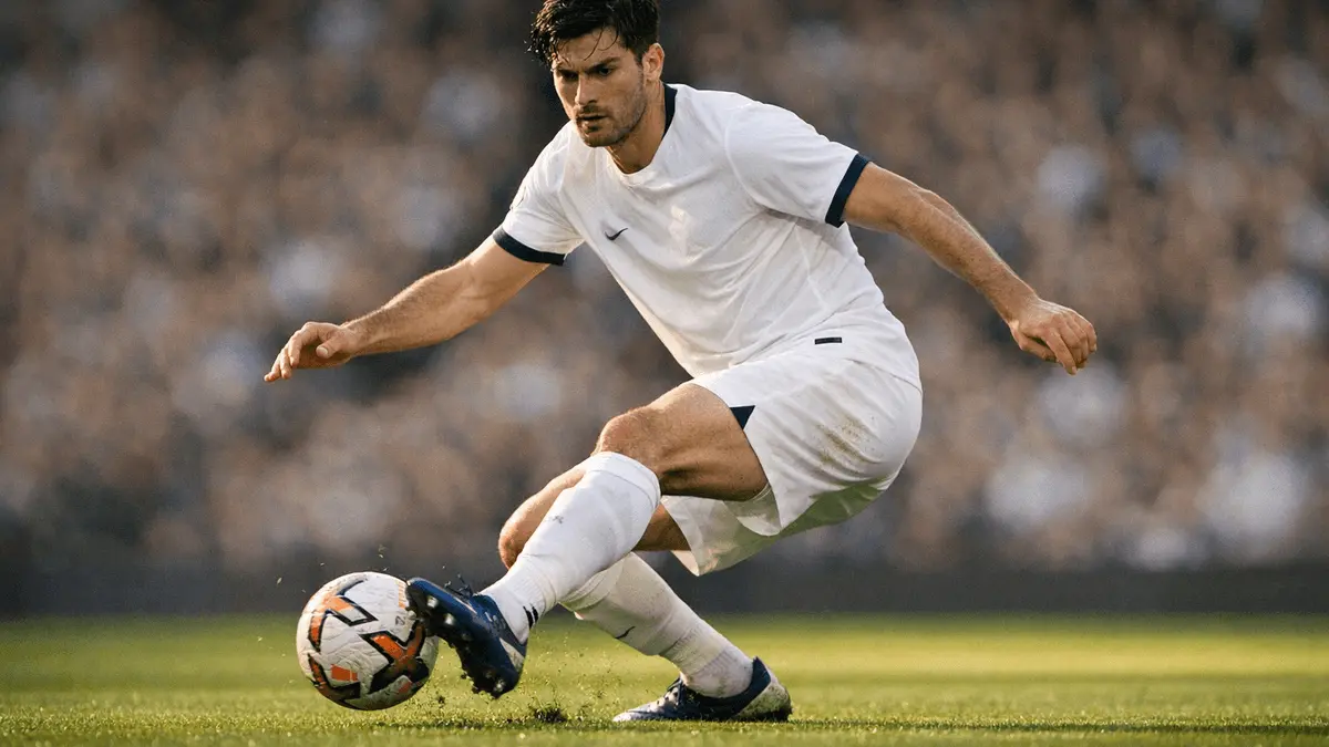 Tottenham defender in white kit making defensive play during Premier League match