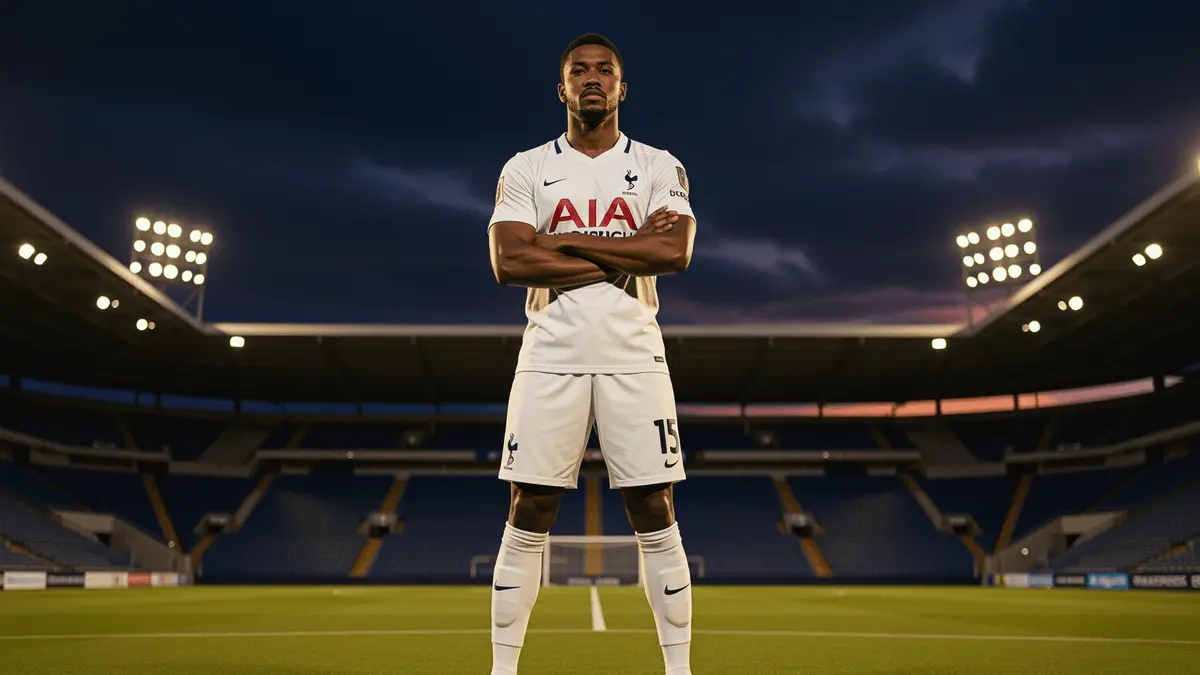 Tottenham defender standing firm on stadium pitch at twilight in white kit