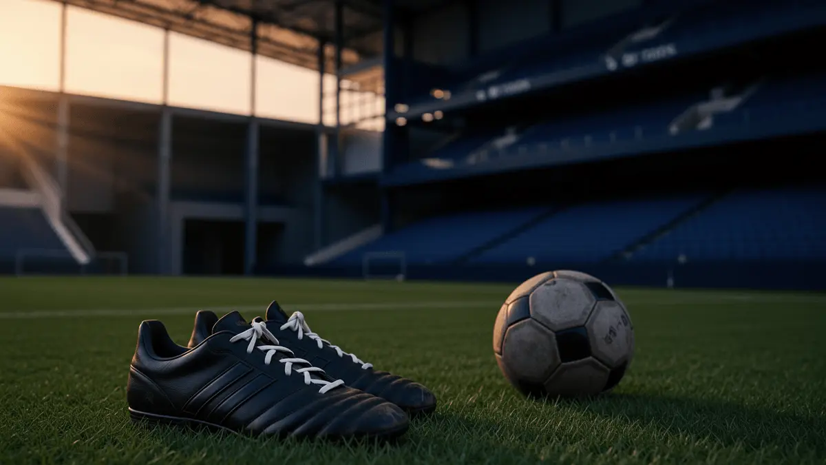 Empty stadium at dusk with football boots on pitch symbolizing player departure and transfer