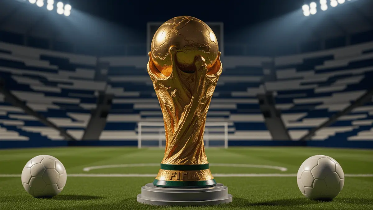 FIFA World Cup trophy on football pitch in stadium with navy and white seating under floodlights