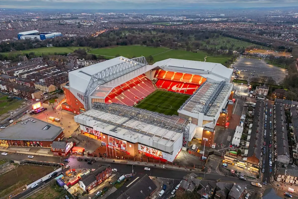 Aerial view of Anfield Stadium, home of Liverpool FC, with vibrant red seating.