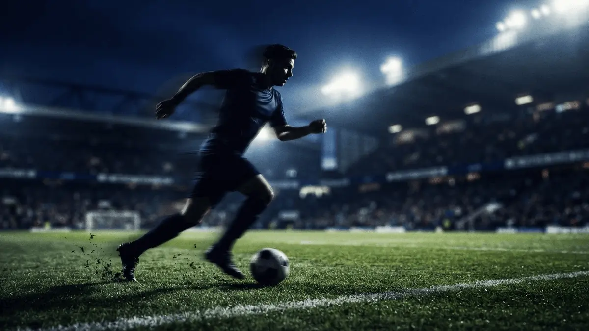 Dynamic football winger silhouette dribbling on pitch with dramatic navy blue stadium lighting
