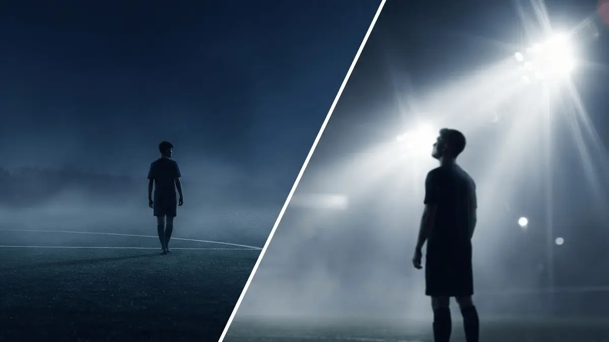 Young academy player silhouette walking between contrasting training ground environments at dusk
