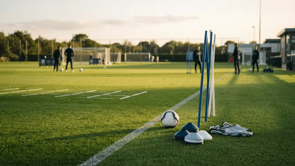 Football training ground at golden hour with equipment on pristine pitch and coaching staff in background