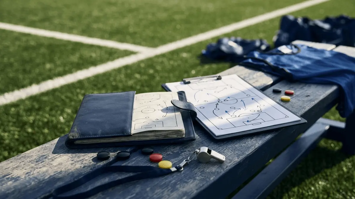 Tactical clipboard and coaching equipment on training ground bench with navy tones
