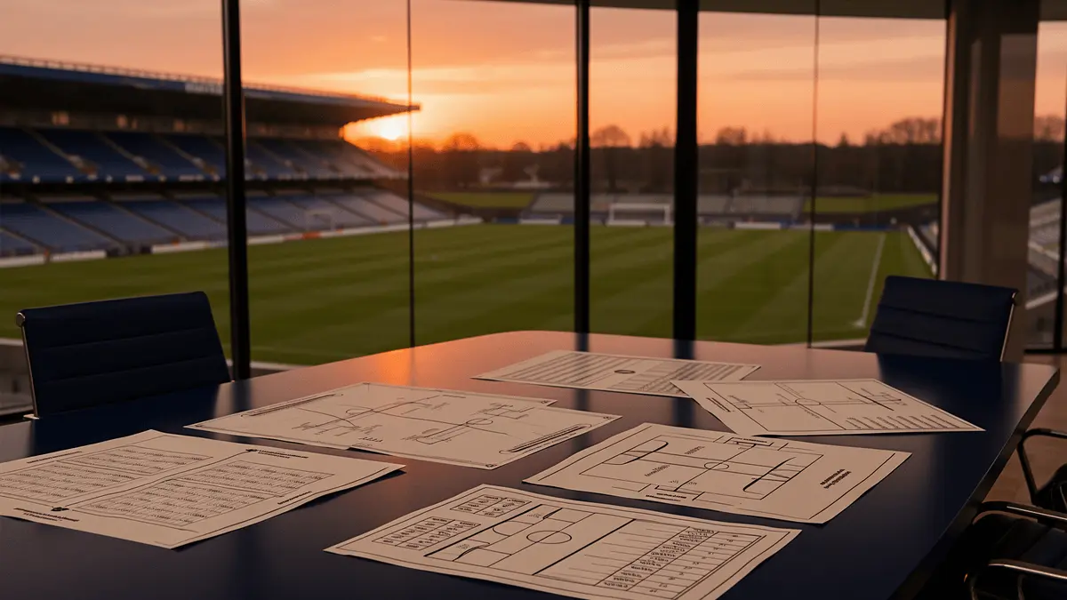 Modern football boardroom with tactical plans overlooking stadium pitch at golden hour