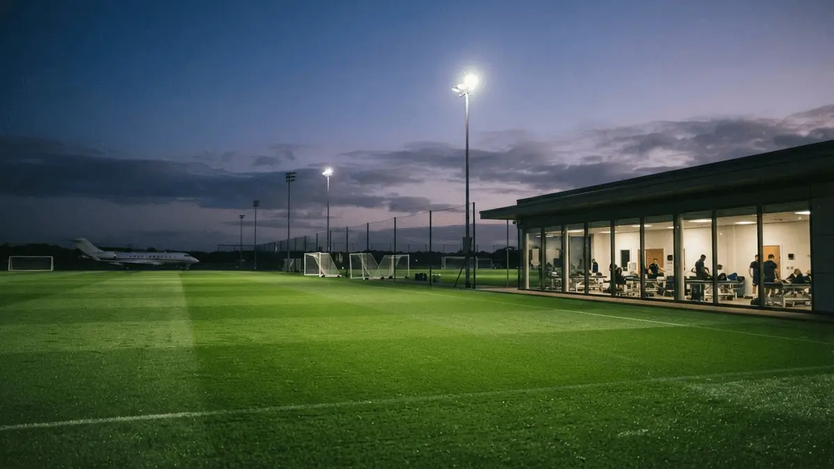 Empty Tottenham training pitch at dusk with medical facility and charter plane in background