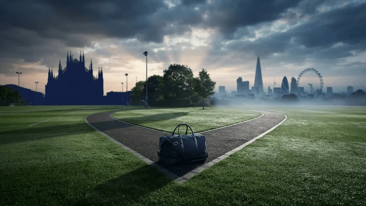 Training ground pathway splitting toward Milan and London skylines at twilight representing transfer decision