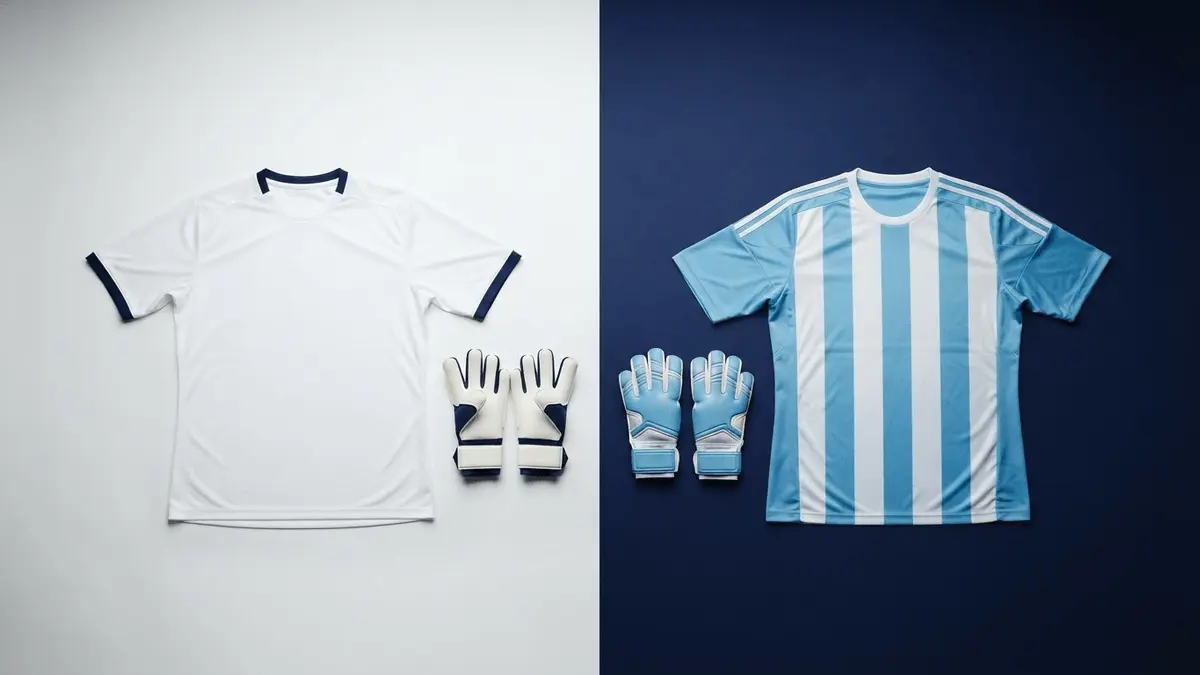 Two goalkeeper kits side by side representing transfer choice between Vicario and Martinez